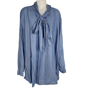 Ann Taylor LOFT Womens The Softened Shirt Size XXL Tie Neck Chambray Blue Tunic
